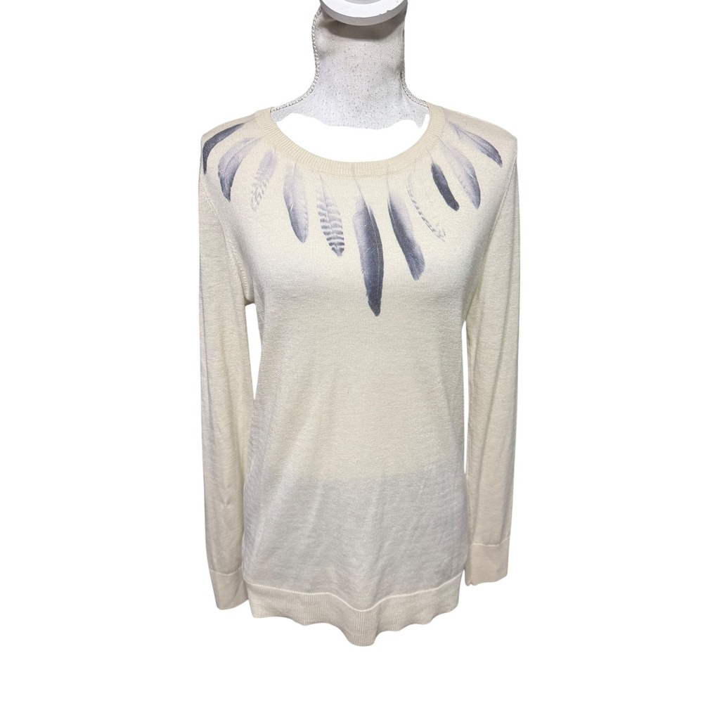 Minnie Rose Womens 100% Cashmere Feather Print Crew Neck Sweater‎ Cream Large